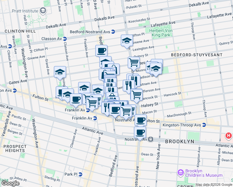 map of restaurants, bars, coffee shops, grocery stores, and more near 103 Jefferson Avenue in Brooklyn