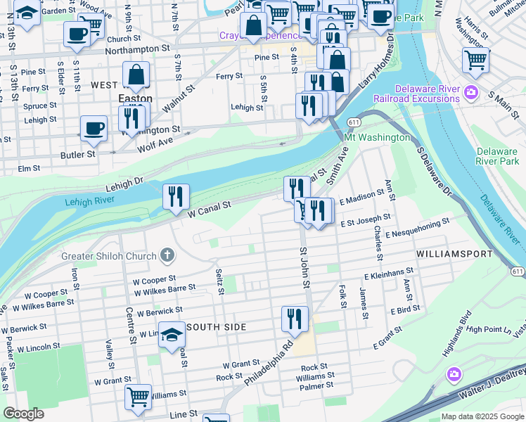 map of restaurants, bars, coffee shops, grocery stores, and more near 287 West Madison Street in Easton