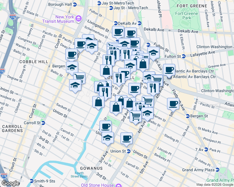 map of restaurants, bars, coffee shops, grocery stores, and more near 180 Nevins Street in Brooklyn