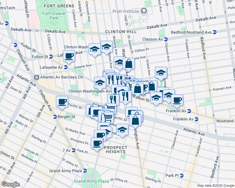 map of restaurants, bars, coffee shops, grocery stores, and more near 864 Fulton Street in Brooklyn