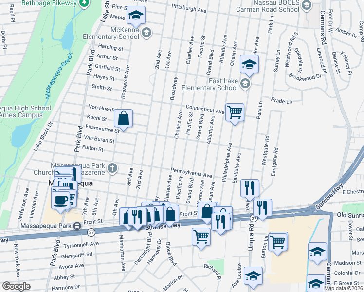 map of restaurants, bars, coffee shops, grocery stores, and more near 93 Charles Avenue in Massapequa Park