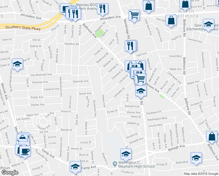 map of restaurants, bars, coffee shops, grocery stores, and more near 2293 Lincoln Street in Bellmore