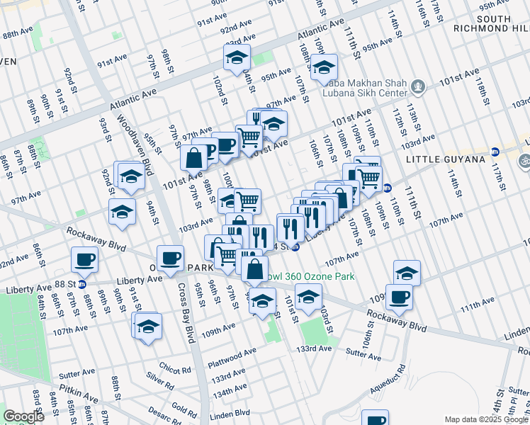 map of restaurants, bars, coffee shops, grocery stores, and more near 103-33 102nd Street in Queens
