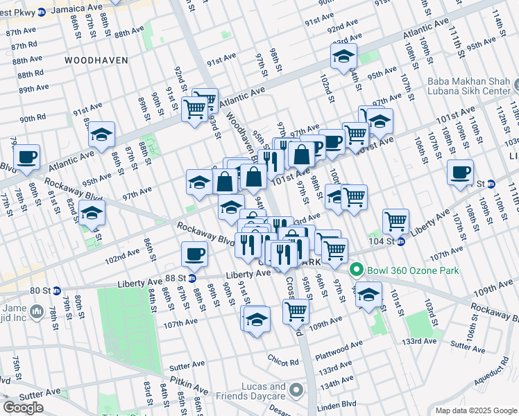 map of restaurants, bars, coffee shops, grocery stores, and more near 101-36 94th Street in Queens