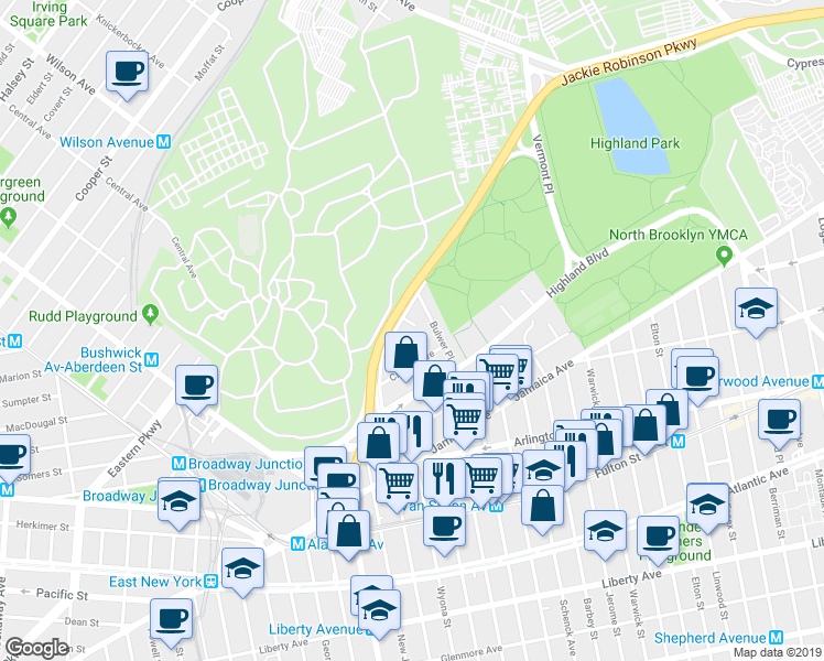 map of restaurants, bars, coffee shops, grocery stores, and more near 18 Vermont Court in Brooklyn