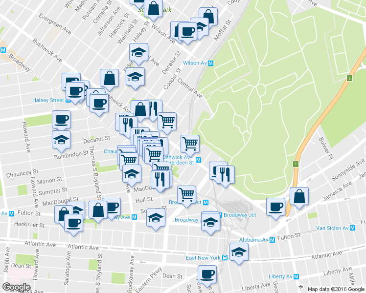 map of restaurants, bars, coffee shops, grocery stores, and more near 1503 Bushwick Avenue in Brooklyn
