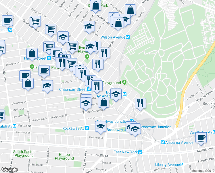 map of restaurants, bars, coffee shops, grocery stores, and more near 1469 Bushwick Avenue in Brooklyn