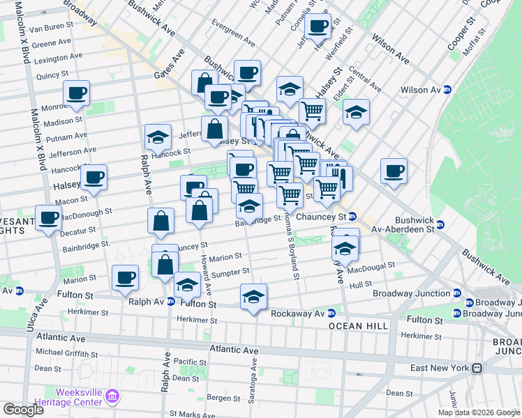 map of restaurants, bars, coffee shops, grocery stores, and more near 537 Bainbridge Street in Brooklyn