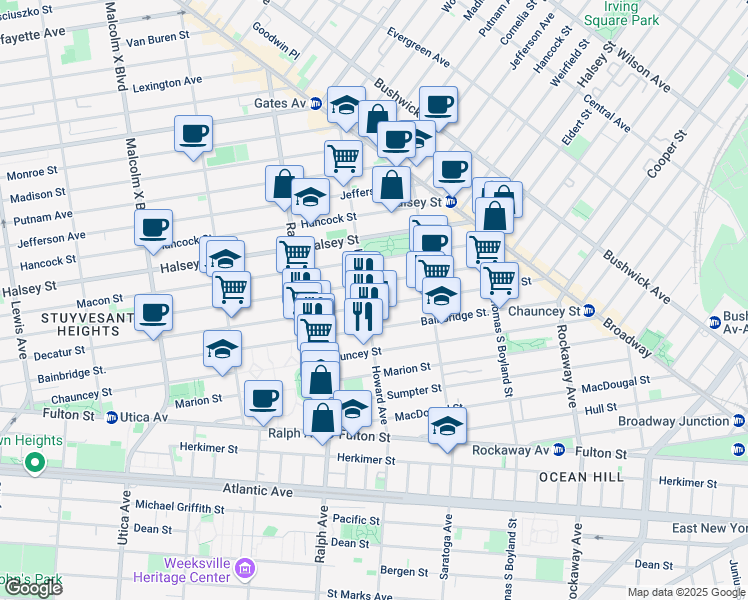 map of restaurants, bars, coffee shops, grocery stores, and more near 160 Howard Avenue in Brooklyn