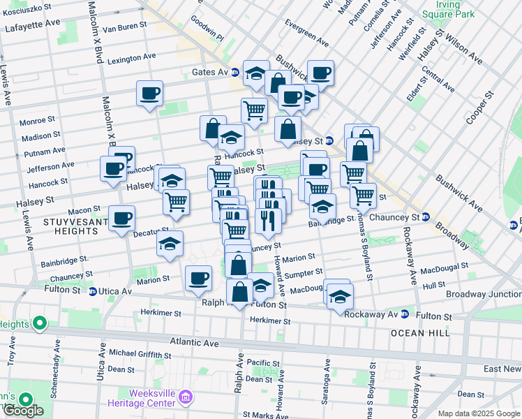 map of restaurants, bars, coffee shops, grocery stores, and more near 160 Howard Avenue in Brooklyn