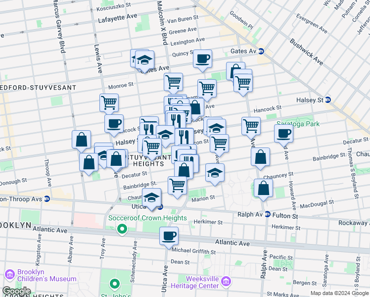 map of restaurants, bars, coffee shops, grocery stores, and more near 275A Malcolm X Boulevard in Brooklyn