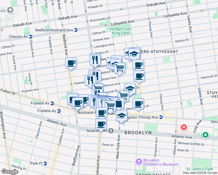 map of restaurants, bars, coffee shops, grocery stores, and more near 187 Hancock Street in Brooklyn