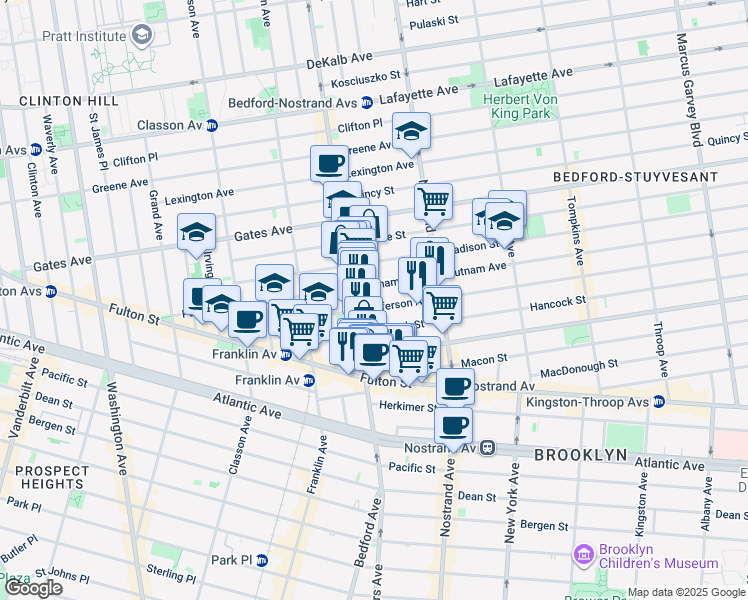 map of restaurants, bars, coffee shops, grocery stores, and more near 103 Jefferson Avenue in Brooklyn