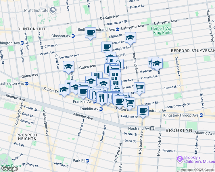 map of restaurants, bars, coffee shops, grocery stores, and more near 1184 Bedford Avenue in Brooklyn