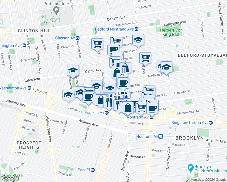 map of restaurants, bars, coffee shops, grocery stores, and more near 1184 Bedford Avenue in Brooklyn