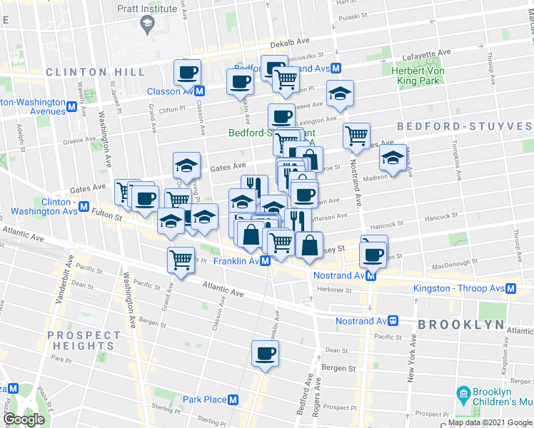 map of restaurants, bars, coffee shops, grocery stores, and more near 463 Franklin Avenue in Brooklyn