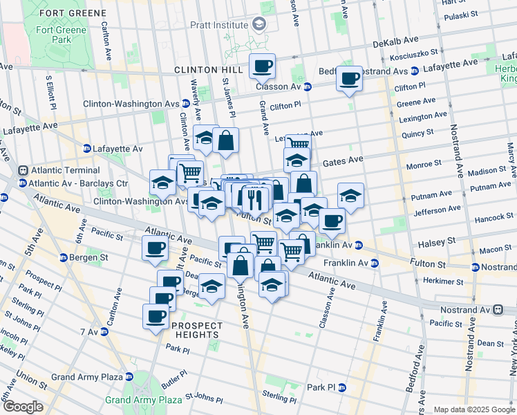 map of restaurants, bars, coffee shops, grocery stores, and more near 983 Fulton Street in Brooklyn