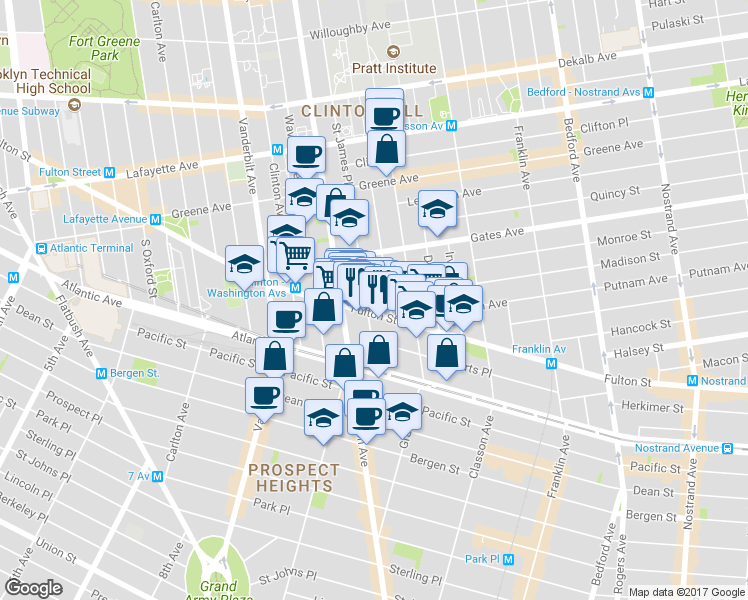 map of restaurants, bars, coffee shops, grocery stores, and more near 983 Fulton Street in Brooklyn