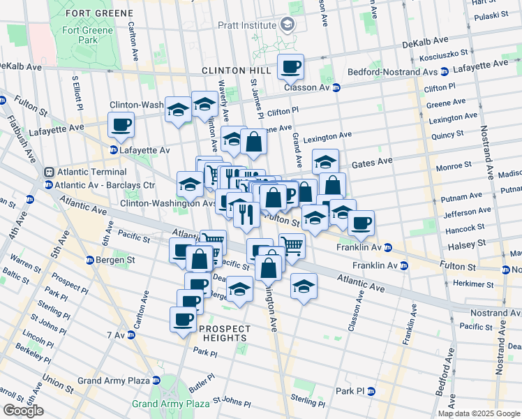 map of restaurants, bars, coffee shops, grocery stores, and more near 900 Fulton Street in Brooklyn