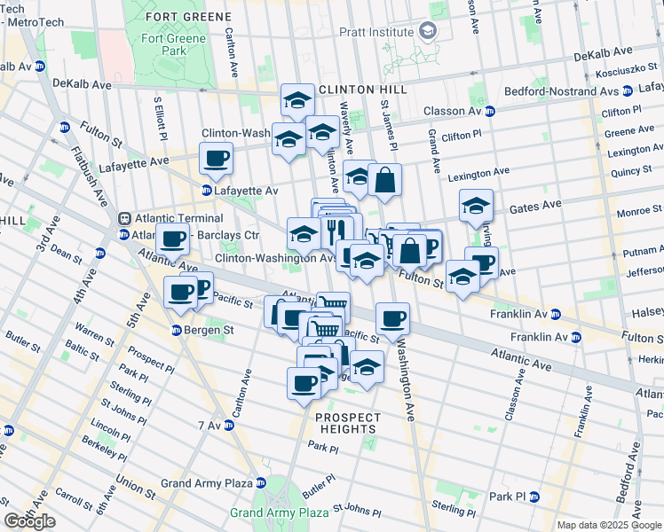 map of restaurants, bars, coffee shops, grocery stores, and more near 470 Vanderbilt Avenue in Brooklyn