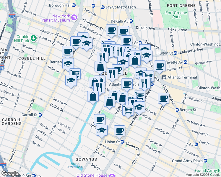 map of restaurants, bars, coffee shops, grocery stores, and more near 180 Nevins Street in Brooklyn