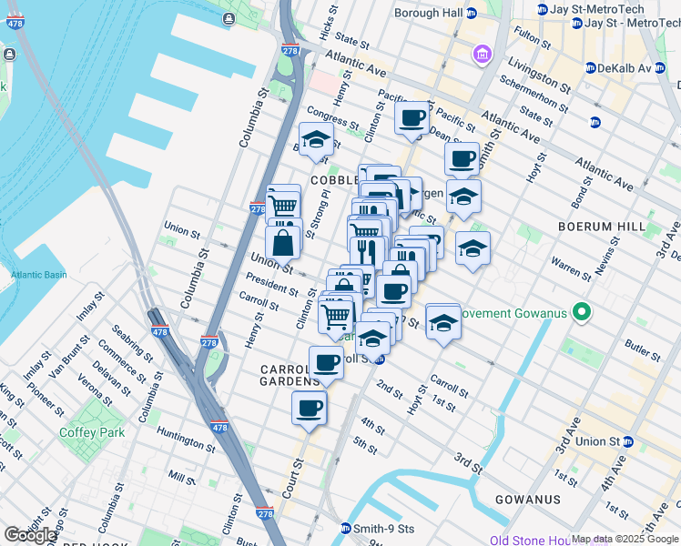 map of restaurants, bars, coffee shops, grocery stores, and more near 352 Court Street in Brooklyn