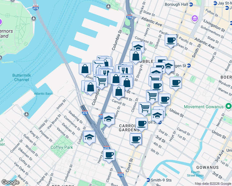 map of restaurants, bars, coffee shops, grocery stores, and more near 152 President Street in Brooklyn