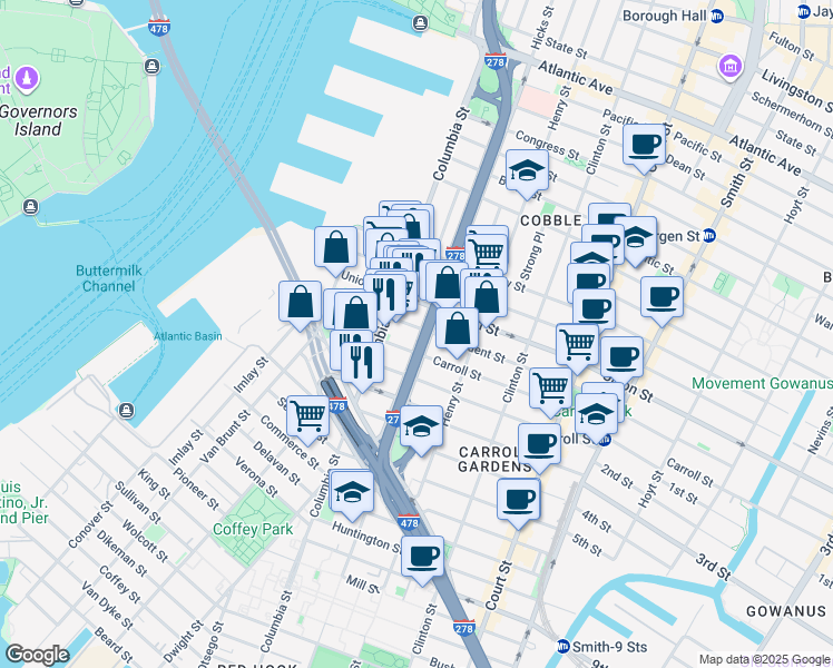map of restaurants, bars, coffee shops, grocery stores, and more near 87 Carroll Street in Brooklyn