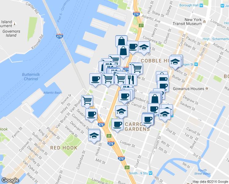 map of restaurants, bars, coffee shops, grocery stores, and more near 87 Carroll Street in Brooklyn
