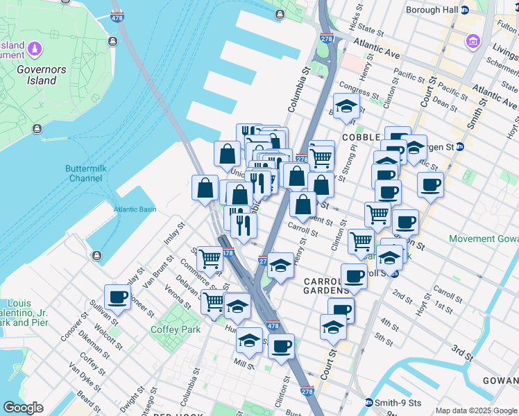 map of restaurants, bars, coffee shops, grocery stores, and more near 50 Carroll Street in Brooklyn