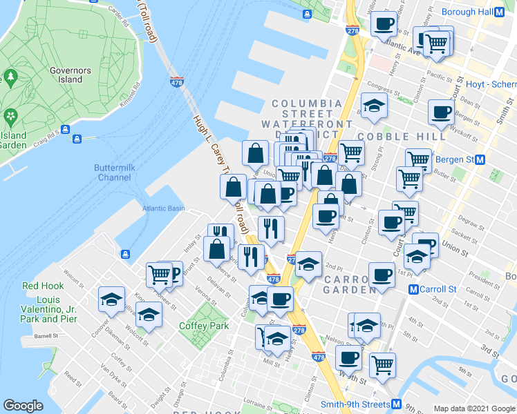 map of restaurants, bars, coffee shops, grocery stores, and more near 79 Hamilton Avenue in Brooklyn