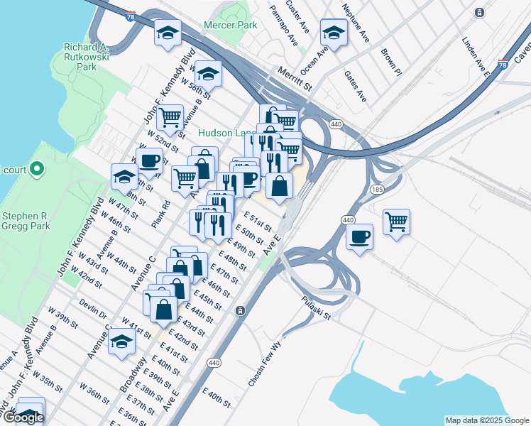 map of restaurants, bars, coffee shops, grocery stores, and more near 36 East 52nd Street in Bayonne