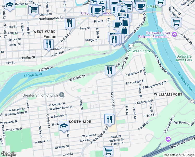 map of restaurants, bars, coffee shops, grocery stores, and more near 287 West Madison Street in Easton