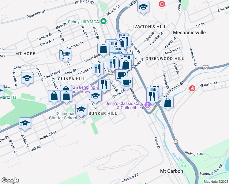 map of restaurants, bars, coffee shops, grocery stores, and more near 319 Mahantongo Street in Pottsville