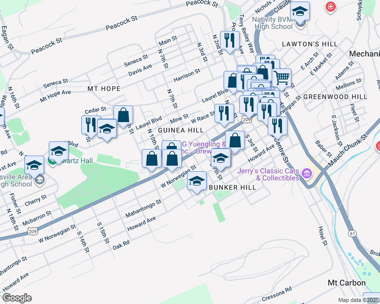 map of restaurants, bars, coffee shops, grocery stores, and more near 803 West Market Street in Pottsville