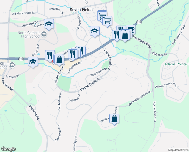 map of restaurants, bars, coffee shops, grocery stores, and more near 140 Woodhaven Drive in Seven Fields