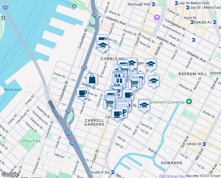 map of restaurants, bars, coffee shops, grocery stores, and more near 280 Sackett Street in Brooklyn