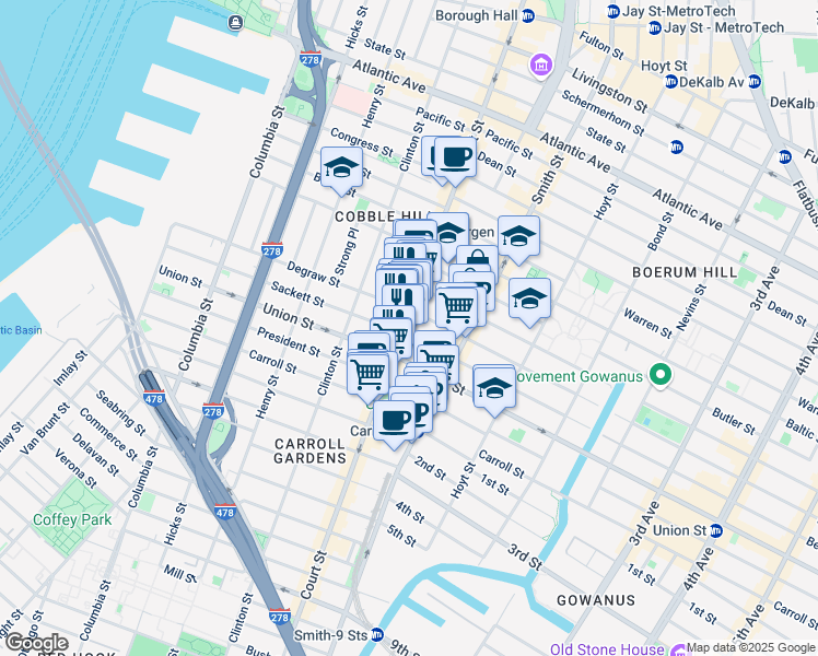 map of restaurants, bars, coffee shops, grocery stores, and more near 313 Sackett Street in Brooklyn