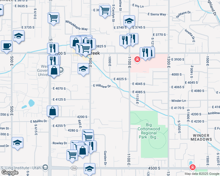 map of restaurants, bars, coffee shops, grocery stores, and more near 1008 Hillview Drive in Millcreek