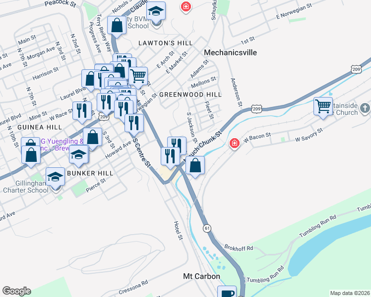 map of restaurants, bars, coffee shops, grocery stores, and more near 414 Baber Street in Pottsville