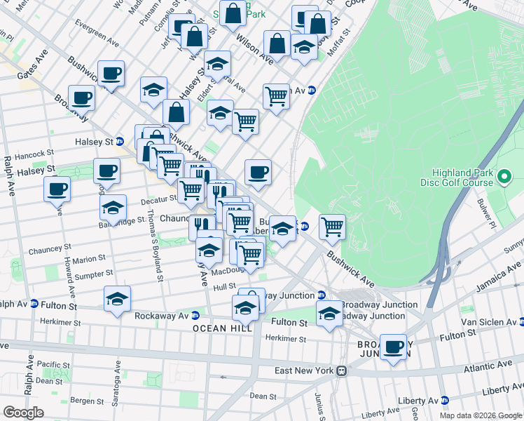 map of restaurants, bars, coffee shops, grocery stores, and more near 1469 Bushwick Avenue in Brooklyn