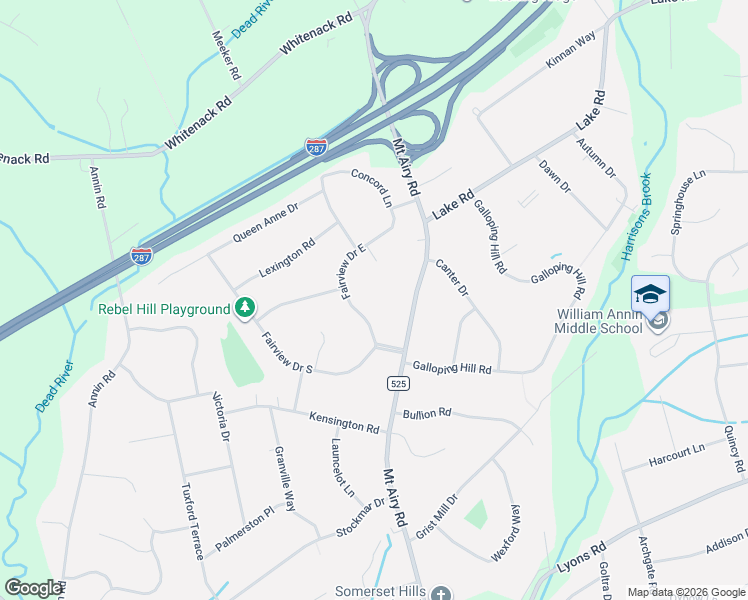 map of restaurants, bars, coffee shops, grocery stores, and more near 17 Fairview Drive East in Basking Ridge