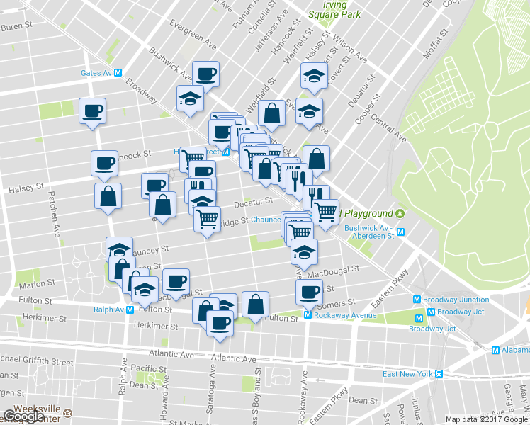 map of restaurants, bars, coffee shops, grocery stores, and more near 593 Bainbridge Street in Brooklyn