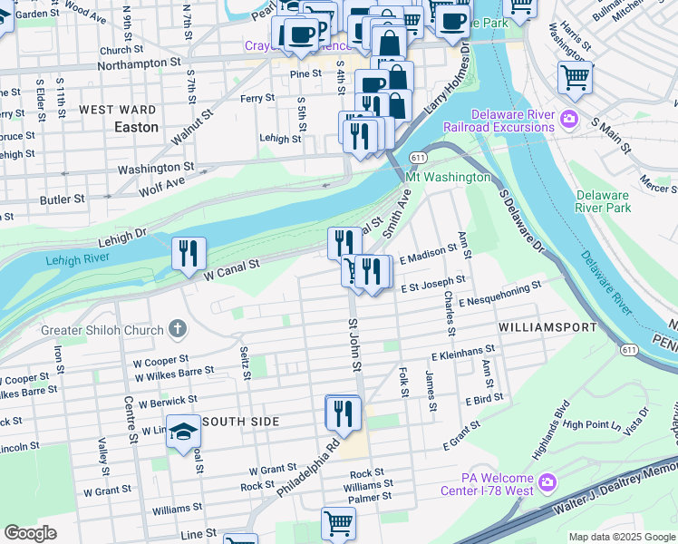 map of restaurants, bars, coffee shops, grocery stores, and more near 216 West Madison Street in Easton