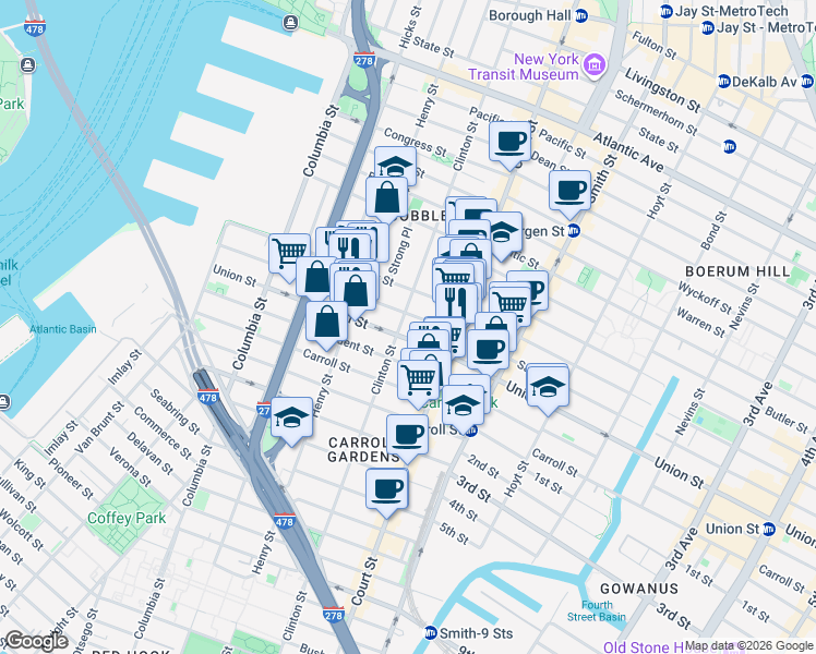 map of restaurants, bars, coffee shops, grocery stores, and more near 232 Union Street in Brooklyn
