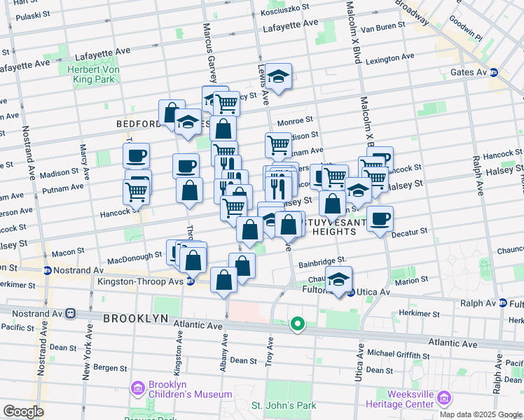 map of restaurants, bars, coffee shops, grocery stores, and more near 432 Halsey Street in Brooklyn
