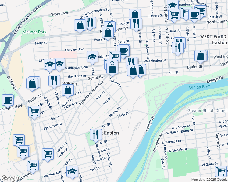 map of restaurants, bars, coffee shops, grocery stores, and more near 129 9th Street in Easton