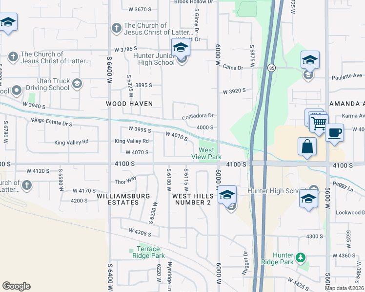 map of restaurants, bars, coffee shops, grocery stores, and more near 4036 Powder View Circle in West Valley City