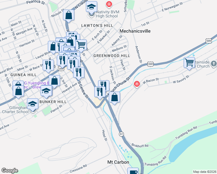 map of restaurants, bars, coffee shops, grocery stores, and more near 414 Baber Street in Pottsville