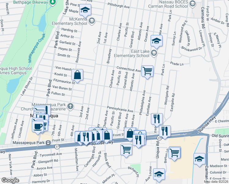 map of restaurants, bars, coffee shops, grocery stores, and more near 93 Charles Avenue in Massapequa Park